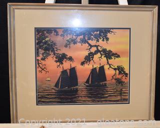 Wood Block ?? Print of Sunset and Sail Boats on Calm Water / Signed